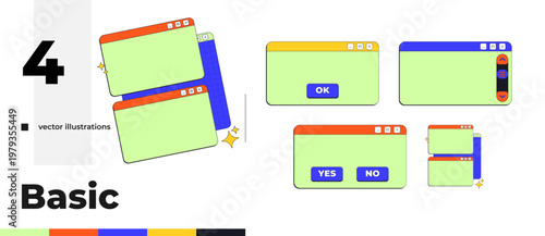 Essential blank neo brutalism pop-up UI window pack. Confirmation dialog boxes. Layered panels. Scroll bar. Isolated user interface elements collection in neubrutalism style. Retro Y2K UX design