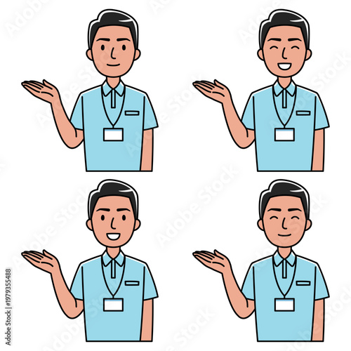 右手で案内する笑顔の外国人男性（ポロシャツ姿）