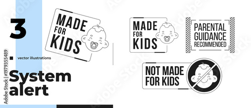 Kids safe and parental guidance black and white label signs pack. Content classification. Digital media alerts. Isolated vector badges set. Monochrome notice graphics with text. Online content