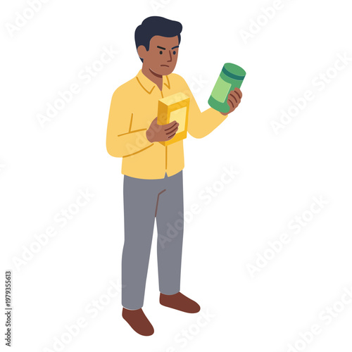 Man holding a green bottle and a yellow book standing indoors