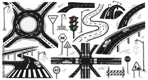 Collection of Hand Drawn Road and Traffic Elements.