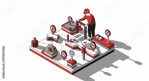 Isometric illustration of a person interacting with a miniature city map, featuring navigation pins and stylized buildings.