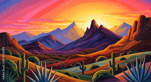 Vibrant desert landscape with cacti at sunset mountains cinco de mayo mexico 5 may festival holiday template poster banner download 2026 2027