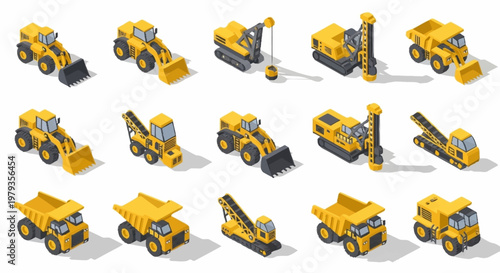 Collection of isometric construction vehicles and heavy machinery in yellow, isolated on white background.