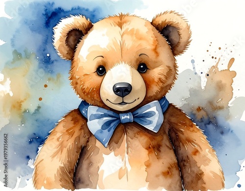 Watercolor illustration of a teddy bear with a blue bow tie, set against a watercolor background of blues and browns