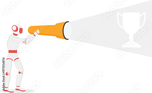 Robot using a giant flashlight to reveal a trophy