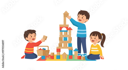 Three happy children are playing together on a colorful mat, building a tall and complex tower using various wooden toy blocks.