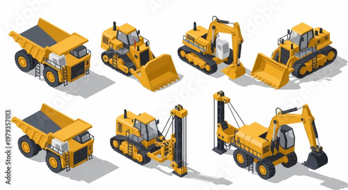 Set of isometric construction vehicles including dump trucks, bulldozers, excavators, and drilling machines.