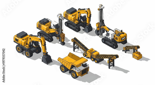 Collection of yellow construction and mining heavy machinery vehicles in isometric view.