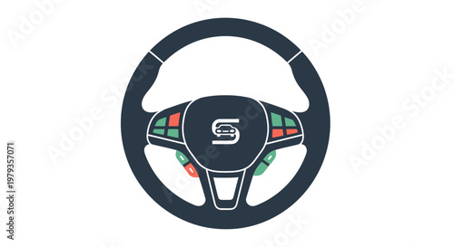 Illustration of a steering wheel with integrated controls, modern automotive design
