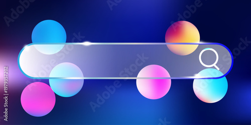 Modern glass search bar with frosted effect and gradient button, perfect for web interface design, featuring transparent 3D elements and holographic light accents