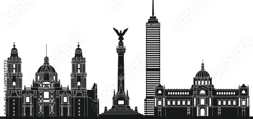 Mexico City skyline silhouette with Metropolitan Cathedral Angel of Independence Torre Latinoamericana and Palacio de Bellas Artes black vector illustration