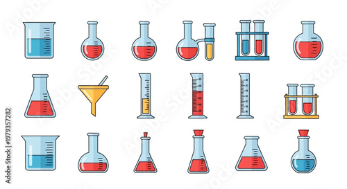 Illustration of Scientific Laboratory Equipment and Chemical Glassware in a Flat Style