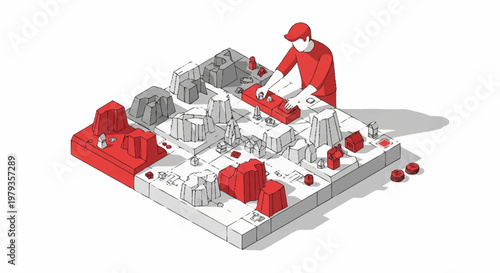 Architect or city planner meticulously arranging a miniature urban landscape model with buildings and terrain.