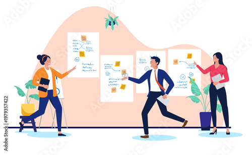 Creative business team collaborating on project management task using sticky notes and charts on office wall, professional colleagues brainstorming during agile workshop, flat design vector