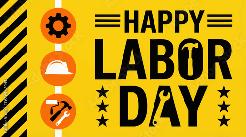 Happy Labor Day banner with industrial tools and worker safety icons