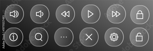 Glass button with transparent interface effect for web design. Modern 3D UI element with frosted frame and holographic light details.