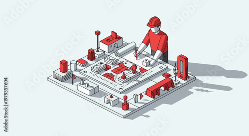 Man in hard hat working on a miniature city model with red and white buildings and structures.