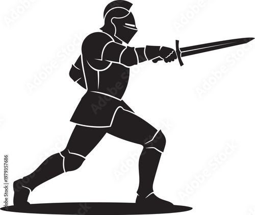 Medieval knight in armor with sword silhouette vector illustration brave warrior fighting pose middle ages history combat concept isolated on white background for games branding and historical project