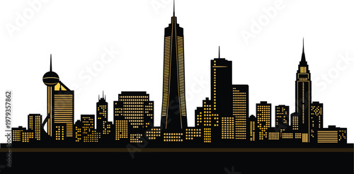 Modern city skyline silhouette illustration with gold lit windows, featuring skyscrapers, urban towers, and luxury architectural buildings, isolated, black, gold.