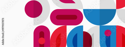 Abstract geometric shapes overlap, creating vibrant composition. Red, blue, pink hues dominate white background. Modern design elements present.