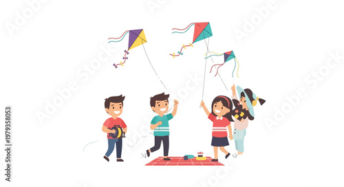 Four happy children enjoy a sunny day outdoors flying colorful kites together near a picnic blanket in this cheerful vector illustration.