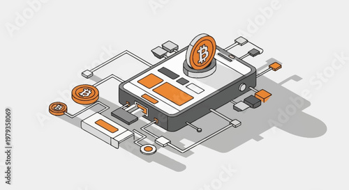 Digital Bitcoin Cryptocurrency Network on a Smartphone Device, Isometric Illustration.