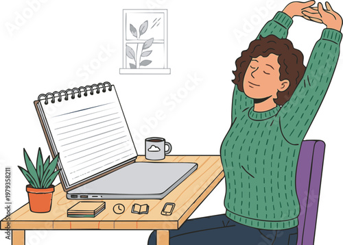 Relaxed Woman Stretching at Desk After Completing Work