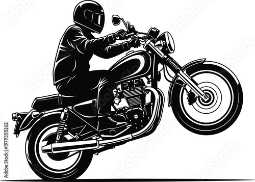 Motorcycle rider performing wheelie stunt on vintage cafe racer, black and white vector illustration, motorbike action, biker lifestyle, motor sport,