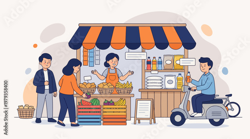 Flat Vector Illustration of People Shopping at a Local Outdoor Grocery Market Stall with a Friendly Shopkeeper