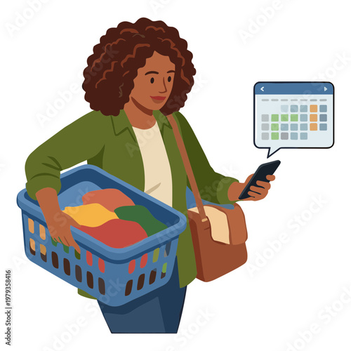 A woman holding laundry basket checks phone with calendar.