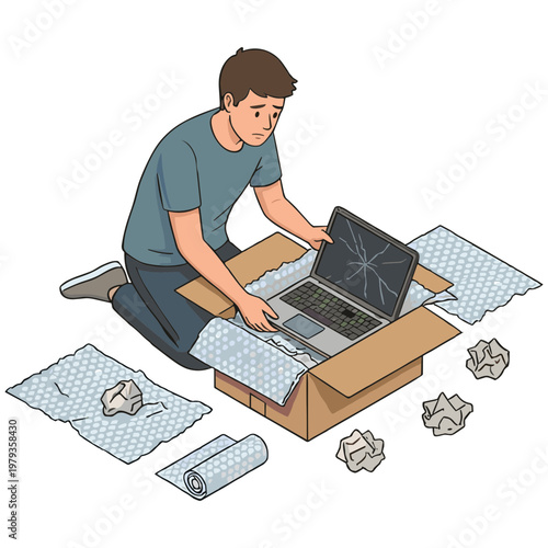 Man unpacking laptop from box with wrapping paper and bubble wrap indoors