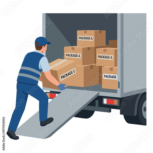 A worker loading boxes into a delivery truck in a warehouse environment.