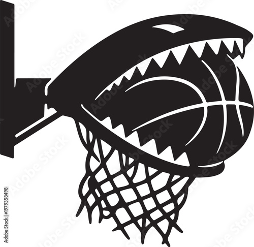 Silhouette of basketball hoop eating the ball