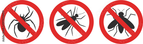 Pest control sign collection set, anti insect icons with spider, mosquito and fly silhouettes in red prohibition circle vector