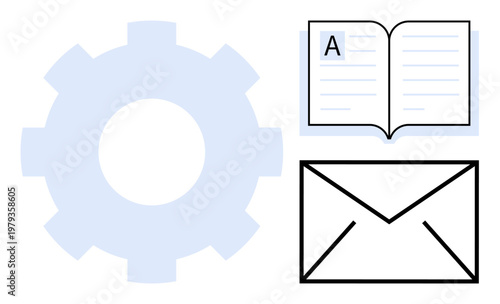 Workflow, knowledge sharing, education, communication, system integration, message delivery. Gear, open book envelope in minimalist design. Workflow and knowledge sharing concept
