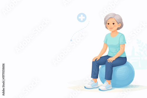 Senior woman sitting on exercise ball in casual outfit indoors  