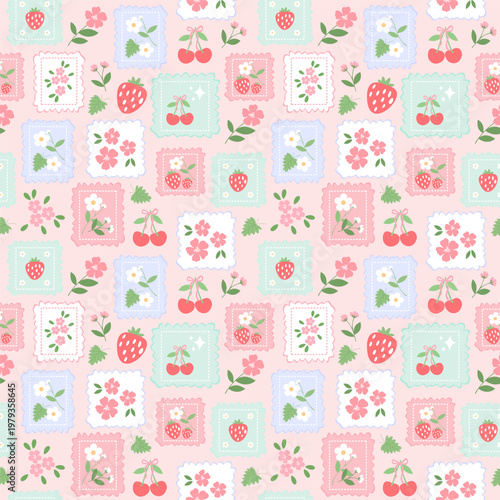 Strawberry and Cherry Patchwork Seamless Pattern with Floral Squares on Pastel Background for Fabric Design