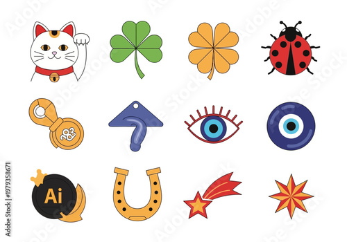 Set of 12 Good Luck Charms and Lucky Symbols Icons Including Clover, Horseshoe, Evil Eye, and Maneki-neko Beckoning Cat Vector Illustration