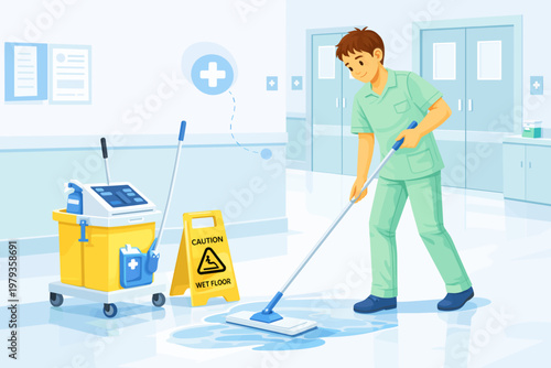 Male healthcare worker mopping floor in hospital with cleaning cart  