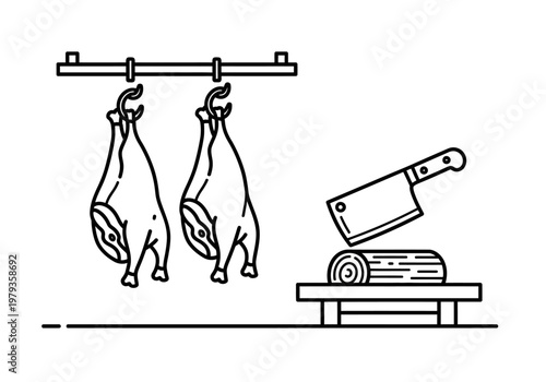 Minimalist Butcher Shop Line Art Illustration with Hanging Meat Carcasses, Cleaver, and Chopping Block