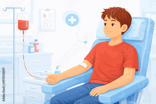 Young boy receiving blood transfusion while sitting in hospital chair  