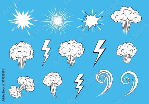 Set of Comic Book Visual Effects: Cartoon Explosions, Lightning Bolts, Smoke Clouds, and Wind Swirls on Blue Background