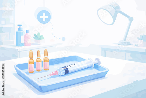 Medical syringe and vials on tray in clinical setting  
