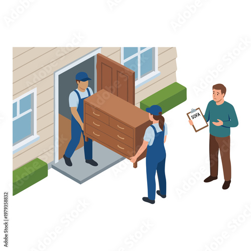 Two workers moving furniture out of house while customer checks document