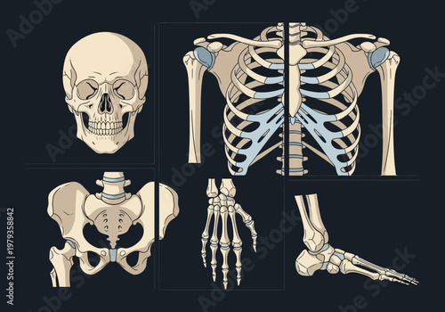 Human Skeleton Anatomy Illustration Set Featuring Skull, Ribcage, Pelvis, Hand, and Foot Bones for Medical and Educational Diagrams
