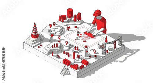 Architectural model of a city with a person designing and building it.