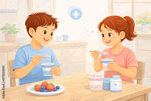 Children enjoying yogurt and fruit in bright kitchen setting  