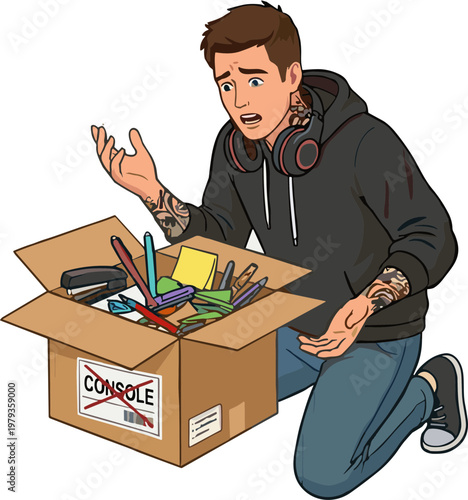 A man kneels beside a cardboard box filled with colorful office supplies.