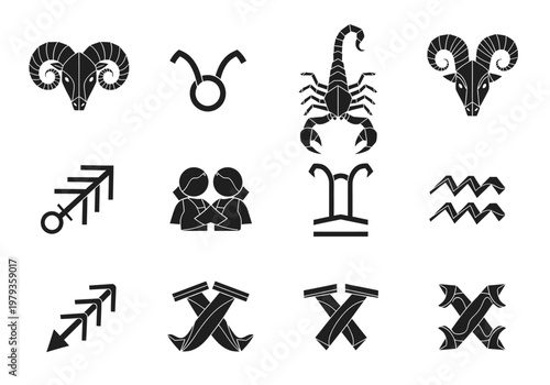Set of 12 Black and White Zodiac Symbols and Astrology Icons - Geometric Horoscope Vector Illustration